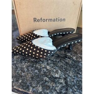Reformation Wilda Kitten Mule Polka Dot Satin Pointed Toe Heel Black White Sz 8